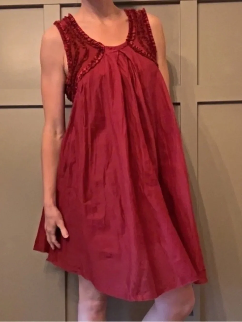 Free People Red Beaded Ruffle Dress Sleeveless Scoop Neck Keyhole Back Sz Small
